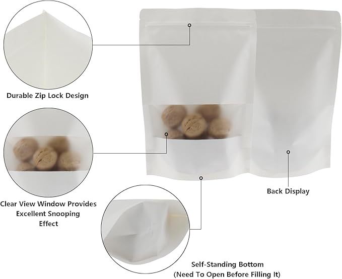 Kraft Paper Zipper Pouches,ULIFESTAR Kraft Stand Up Zip Lock Pouch Bags,100PCS Resealable Bag with Transparent Window and Tear Notch Resealable Bag for Small Business HomeUse,7"*10.2"(18 * 26cm+4cm)