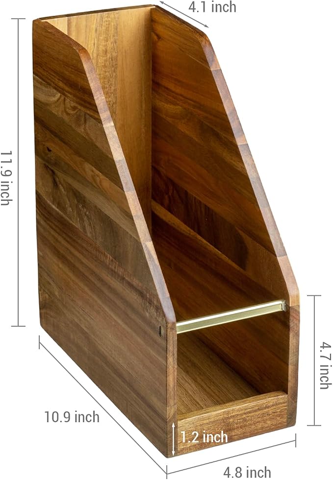MyGift Premium Hotel Series Solid Acacia Wood Desktop Magazine File Holder Bin with Brass Tone Metal Accent, Vertical Office Desk Document Folder Binder Storage Organizer Rack