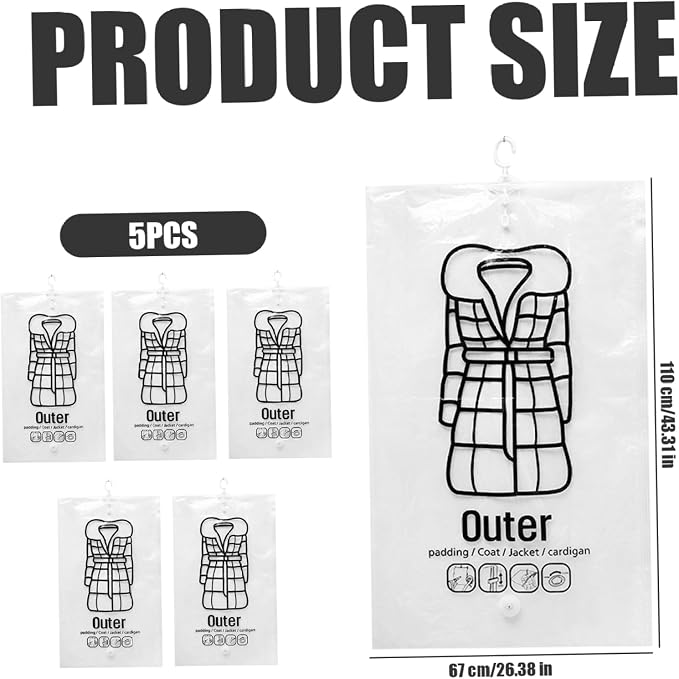 5Pcs Vacuum Bags for Clothes Space Saving Vacuum Seal Bag Hanging Storage Bag with Hooks ＆ Zip 26.4x43.3 Inch Dustproof Reusable Compressed for Clothing Closet Organizer