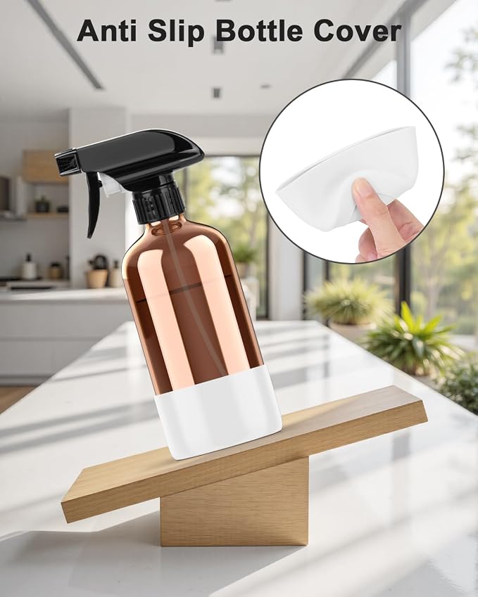 Bontip Amber Glass Spray Bottle with Silicone Sleeve Protection, 16 oz Refillable Spray Bottles for Cleaning Solutions, Plants, Aromatherapy, Facial Hydration (1, White, 16 oz)
