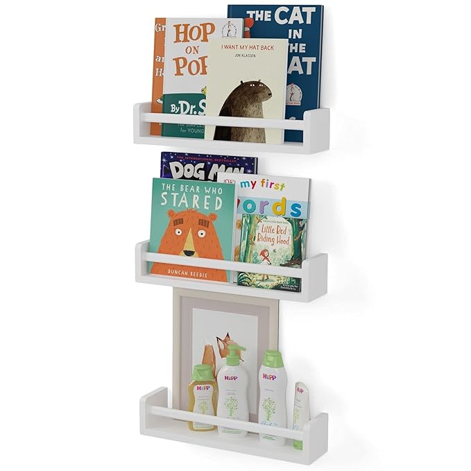 Brightmaison Nursery Book Shelves - Floating Wall Shelves – Baby, Kids, Nursery Wall Decor - Wall Mount Book Organizer Storage Ledge, Display Holder for Toys - Set of 3, Ships Assembled (White)