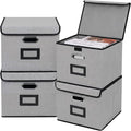 File Storage Box with Lid, 15.55x12.87x10.43 Inches, Foldable Organizer with Handles & Label Slot, for File Storage, Home, Office, and Closet Organization(4 Packs, Grey)