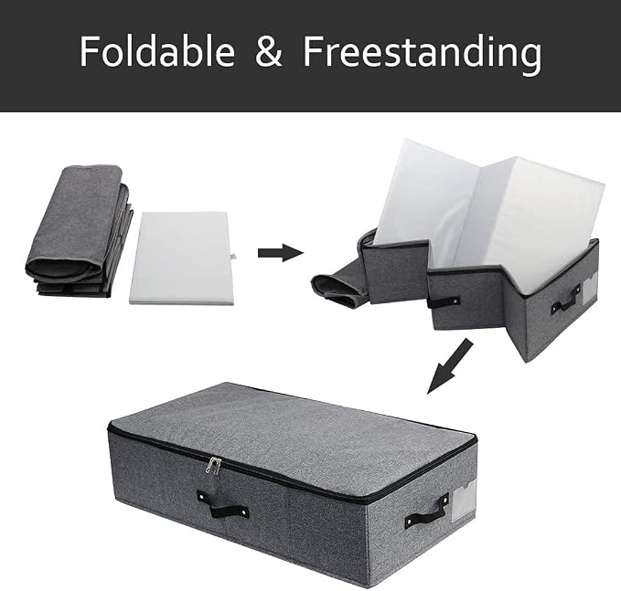 AMJ Foldable Under Bed Storage Basket Container [2 Pack] with Durable Fabric for Clothes, Shoes,Toys, Blanket, Comforter Organizers Bins, Black Grey