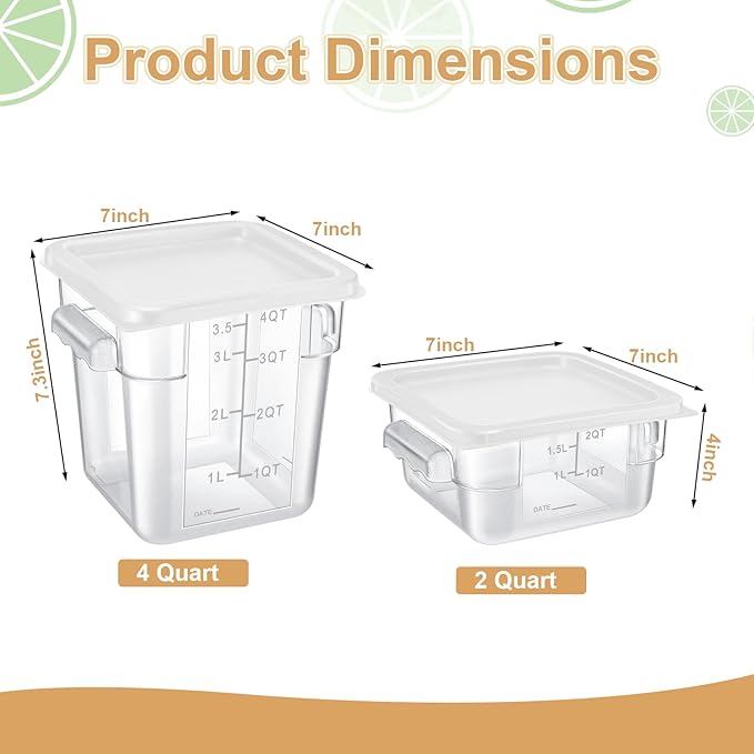 Barydat 4 Pcs Square Food Storage Containers with Lids Measurement Scales, 2qt & 4qt Clear Plastic Stackable Containers for Dough Proofing Baking Kitchen Restaurant and Pantry Organization(White)