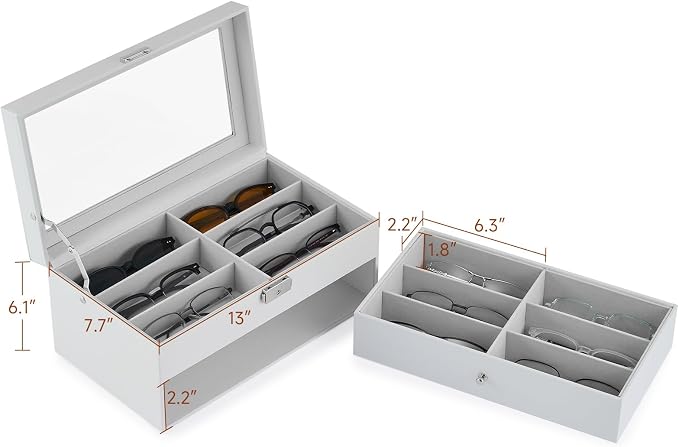 CO-Z Sunglasses Organizer with 12 Slots, Leather Eyeglasses Storage Box for Women Men, 2 Story Lockable Display Case for Multiple Glasses, Sunglasses Jewelry Collection Holder with Drawer, White