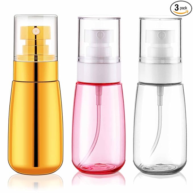 Cosywell Travel Spray Bottle 3 Pack 2oz 60ml Leak Proof TSA Approved Fine Mist Spray Bottle Empty Plastic Refillable Containers for Hair Perfume Toners Rose Water Cosmetics(Gold+Pink+Clear)