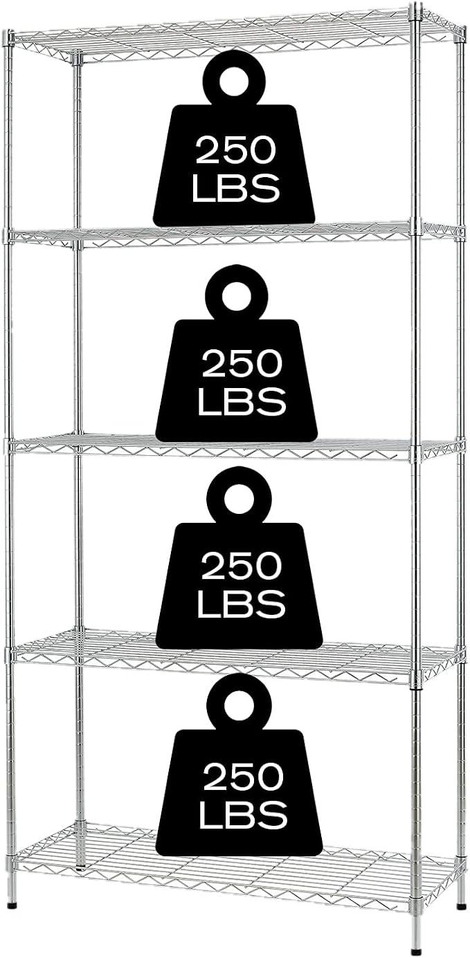 HCY Heavy Duty 5-Tier Storage Shelf - Adjustable Metal Rack for Laundry, Bathroom, Kitchen, Garage & Pantry Organization - 14"x36"x72" (Chrome)