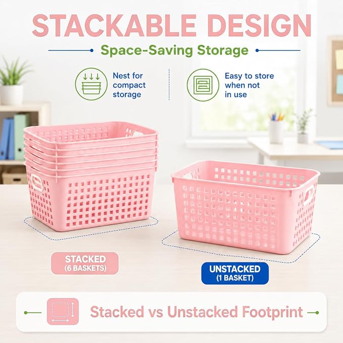 6 Pack Plastic Classroom Storage Baskets, Organizer Bins with Handle | Pink Color 11" × 7.1" × 4.6" Medium Papers Book Storage Organizer for School Classroom Library Office Home Desktop Bookshelf