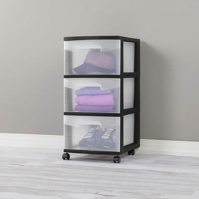 Sterilite 2 Pack Plastic Storage Organizer, 3 Drawer Rolling Bin Cart, Closet Organization, Black