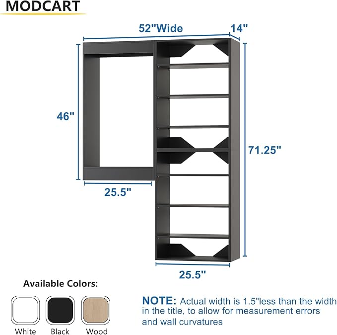 Modular Closet System, 52" Wide Organizer With Towers and Hanging, Wood Tower Storage for Walk In Closets, Wall Mounted Wardrobe Kit, Bedroom, Black