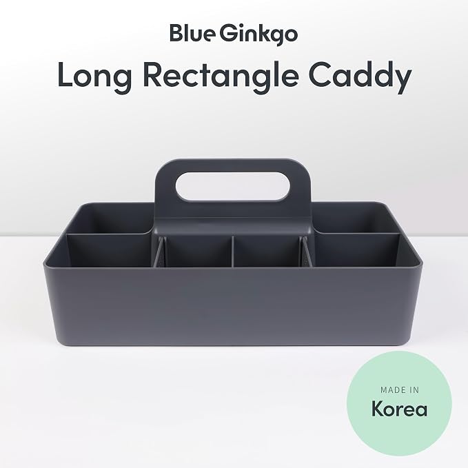 BLUE GINKGO Stackable Organizer Caddy – Korean-Made Portable Tote for Bathroom, Office, Crafts, or School Supplies (Long Rectangle, Gray)