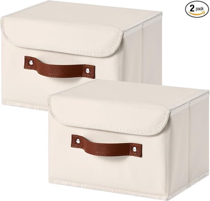 2PCS Storage Bins Box with Lids Decorative PU Leather Fabric Baskets Cubes with Handles PP Plastic Board Foldable Washable Lidded Clothing Shelf Closet Organizer Container (Beige, Small)