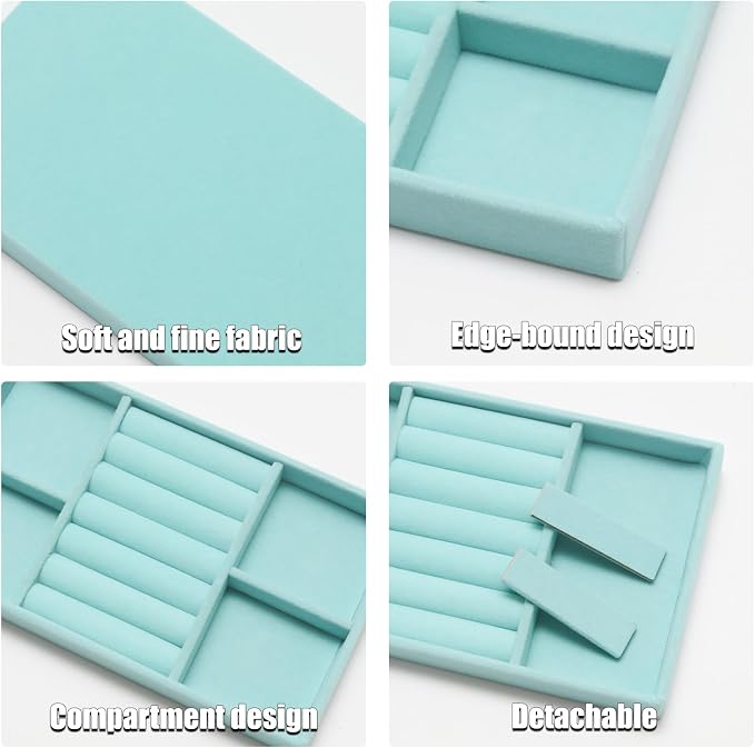 Velvet Jewelry Trays for Drawers, Blue Stackable Jewelry Drawer Organizer Inserts, Ring Earring Necklace Bracelet Holder Organizer Storage Display Tray with Removable Dividers, 3-in-1