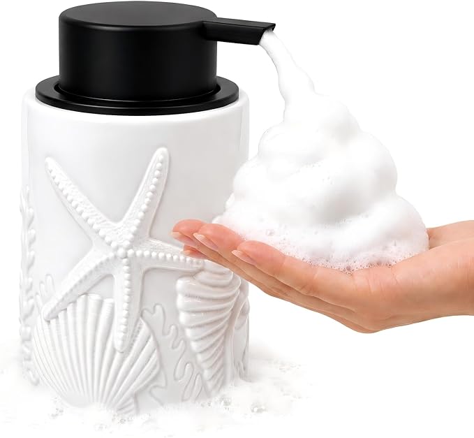 Foam Soap Dispenser, Coastal Resin Soap Pump, Refillable, 12 oz | Coastal foam soap dispenser with handcrafted starfish and seashell design for beach-inspired bathrooms.