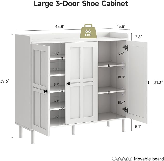 ONBRILL Shoe Cabinet with 3 Doors and Adjustable Shelves, 30 Pairs Shoe Storage Cabinet, 40 Inch Tall Farmhouse Shoe Rack Shoe Organizer Cabinet for Entryway Living Room Closet, White