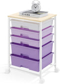 SYKIARIOL Utility Cart with 5 Drawers,Storage Drawer Cart with Wooden Tabletop and Lockable Wheels,Craft Storage Trolley Cart,5-Tier Rolling Utility Cart on Wheels,Purple