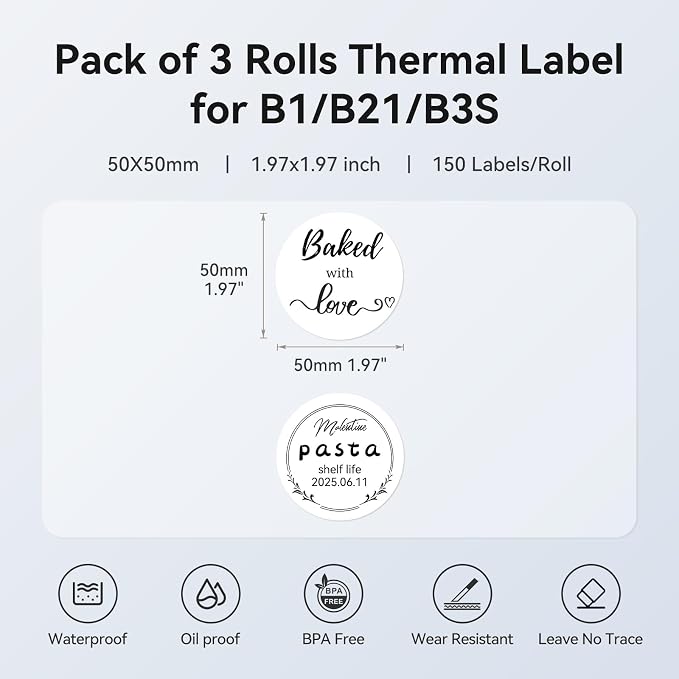 NIIMBOT 3 Roll Set Labels, 2" X 2" (50x50mm) Round Waterproof Thermal Label | for B1/B21/B31 Label Maker, for Thank You Sticker/Logo/Gift/Barcode/Kitchen Jar