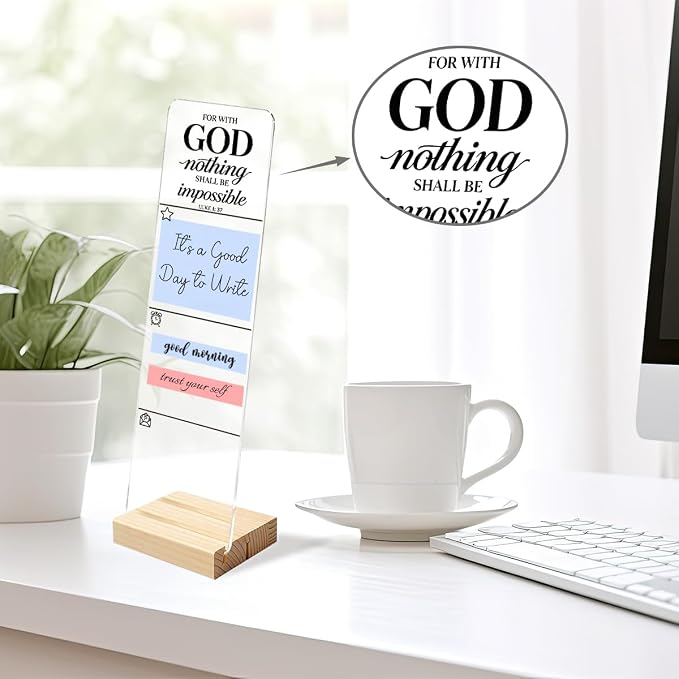 Sticky Note Holder, Monitor Memo Board, Sticky Note Board for Desk, Acrylic Desk Buddy with Wooden Base, Includes 200 Notes, Religious “for with God Nothing Shall Be Impossible Luke”