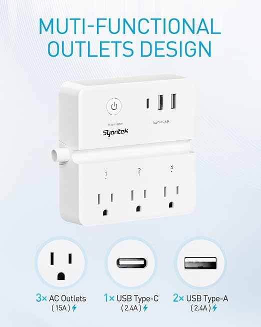 Syantek Remote Control Power Strip with 3 RF Controlled Outlets Surge Protector Power Strip with 3 USB Ports, Phone Holder, 15A/1875W 4ft Cord Remote Control Outlet Plug for Home Office