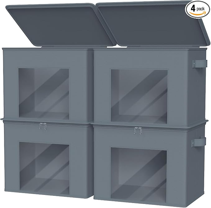 Zilink Fabric Foldable Storage Boxes with Lid Storage Bins, Grey, 4Pack | Stackable, Smooth Zipper, Clear Window, Fabric Closet Containers and Organizers for Home, Office, Bedroom