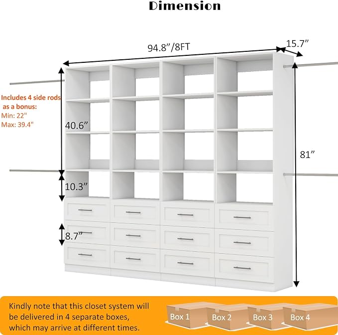 Closet Organizer System with Drawers, 8FT Wood Closet Shelving System Small Walk in Closet Standalone Corner Closets Storage with Hanging Rods White (8FT)