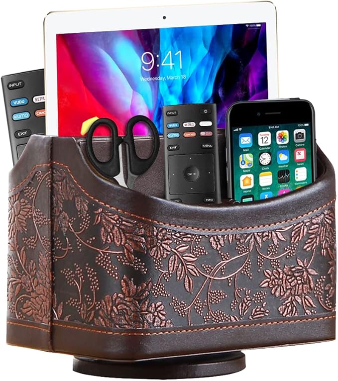 360° Rotating Remote Control Holder, PU Leather TV Remote Caddy, Pen Holder | Nightstand Organizer Storage Box with 5 Compartments for Pencil, Art Supplies, Makeup Brush, Office Desk Table Accessories