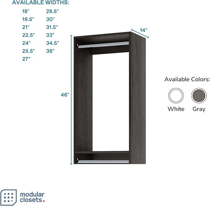 Double Hanging Closet Unit - Modular Corner Closet System - Grey, 28.5 inches Wide - Includes Shelves