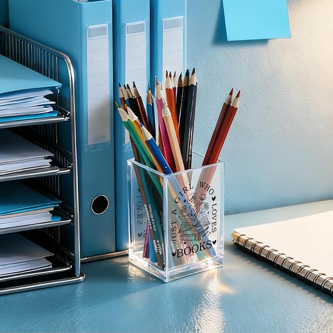 Just A Girl Who Loves Books Acrylic Pencil Holder Cup, Funny Floral Books Desk Organizer for Book Lover Bookish Bookworms Readers, Women Empowerment Gifts for Daughter Girls Sister BFF