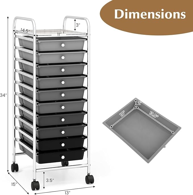LDAILY 10-Drawer Rolling Storage Cart, Rolling Storage Cart, Storage Organizer on Wheels, Metal Frame, Scrapbook Paper Tools, Suitable for Office School, Classroom (Gradient Grey, 10 Drawer)