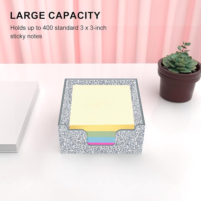 Rouidr Acrylic Sticky Note Holder, Self Stick Note Pad Holder, Silver | 3.94 x 3.94 Inch Glitter Memo Pad Dispenser Organizer for School Office Home Desk Supplies