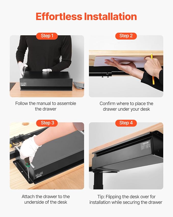 VEVOR Under Desk Drawer Slide Out, 16 inch Attachable Desk Drawer for Sit Stand Workstation, Hidden Under Counter Drawers for office Home, Black