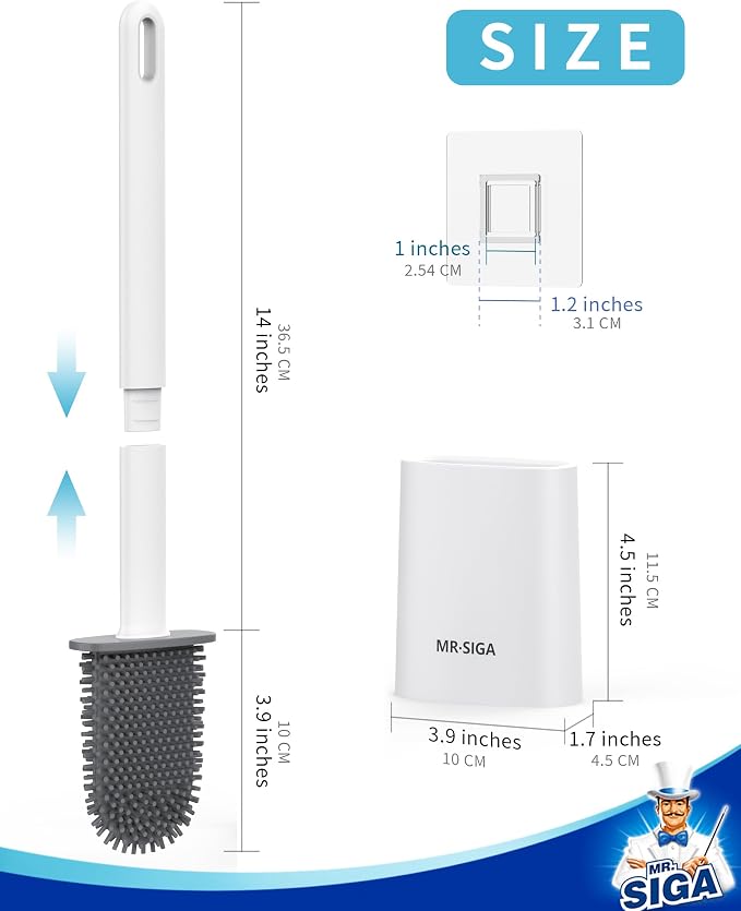 MR.SIGA Toilet Brush and Holder Set, Wall Mounted Toilet Bowl Brush, White | Space saving design, flexible thermoplastic rubber bristles, easily cleans hard to reach areas, pack of 2