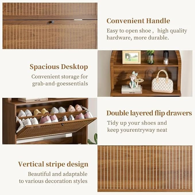Shoe Storage Cabinet for Entryway with 3 Flip Drawers, 78.7 Inch Tall Arched Hidden Shoe Cabinet with Shelves, Narrow Freestanding Shoe Rack Organizer with Fluted Panel for Foyer (Walnut)
