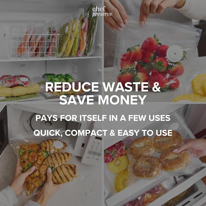 Chef Preserve Reusable Vacuum Sealer Bags for Food - 30 BPA-Free Small (8 x 10 in) Food Storage Bags, Freezer, Microwave - Odor-Resistant, Leak-Proof - Compatible with Chef Preserve Vacuum Sealers