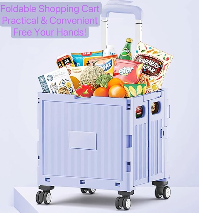 Foldable Rolling Utility Cart with Lid and Telescoping Handle, Collapsible Plastic Storage Crate with 360° Swivel Wheels, Portable Shopping Trolley for Groceries, Travel, Office, and Household Use