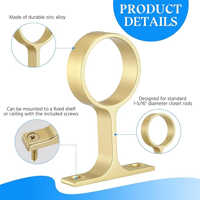 LEIFIDE 4 Pcs 1 5/16 Inch Diameter Round Wardrobe Closet Rod Suspended Center Support with Installation Screws Curtain Closet Rod Ceiling Mount Bracket for Home Wardrobe (Matte Brass)