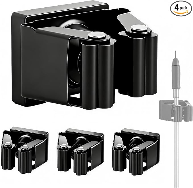Magnetic Broom and Mop Holder Wall Mount, Black 4 Pack | Space-Saving magnetic broom holder, heavy duty magnet hooks, no-drill over the door broom gripper,RV Camper Wall Organizer