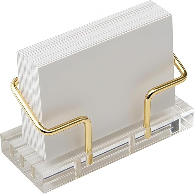 Desktop Business Card Holder, Clear Transparent Base with Gold Plated Metal Stand, Non-slip Business Cards Display Organizer for Office Reception Desk Workspace Clear