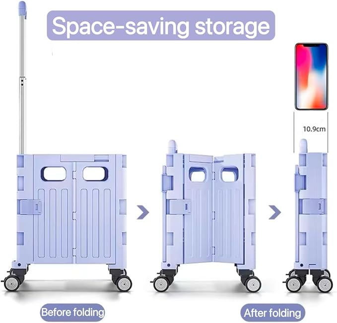Foldable Utility Cart, Portable Rolling Crate Handcart with 360° Rotating Wheels, Detachable Lid, and Telescoping Handle, Collapsible Shopping Trolley for Travel, Office, Grocery, and Luggage Storage
