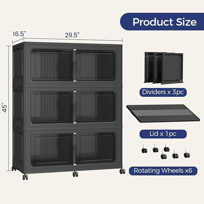 120GAL Extra Large Storage Bins with Lid, 480Qt Stackable Closet Organizers and Drawers, Collapsible Storage Bins with Wheels, Folding Containers for Home, Kitchen Office, 3Pack Black