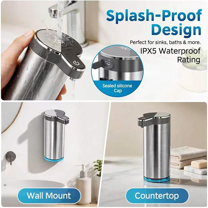 Automatic Foaming Soap Dispenser, Touchless Rechargeable Soap Dispenser for Kitchen & Bathroom, Stainless Steel, 4 Adjustable Foam Levels, USB-C, Waterproof, 12oz/350ml
