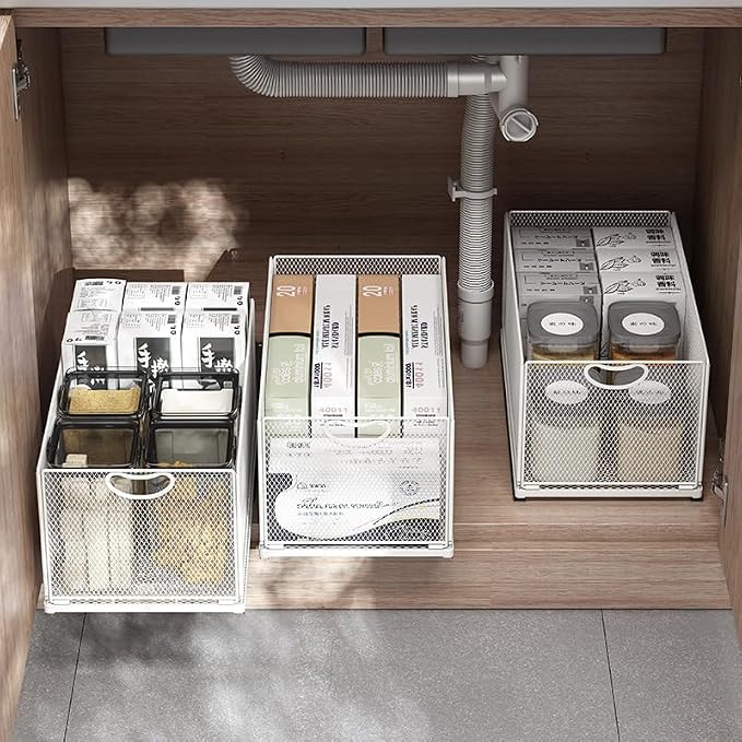 Pull out Cabinet Organizer Fixed with Adhesive Nano Film Heavy Duty Slide out Pantry Shelves Drawer Storage under sink organizer Sliding Mesh Cabinet Basket with Handle for Kitchen (Extended Small)