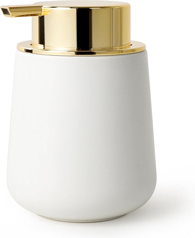 Bosilunlife Ceramic Bathroom Soap Dispenser - 12Oz Bathroom Countertop Kitchen Dish Soap Pump Dispenser Liquid Soap Dispenser - Matte White with Gold