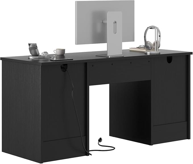 Bestier 59” Computer Desk with 4 Drawers, Charging Station, Black | Office Desk with Storage, Modern Executive Desk with Keyboard Tray & Wooden Pedestals on Both Sides for Home Office & Studio