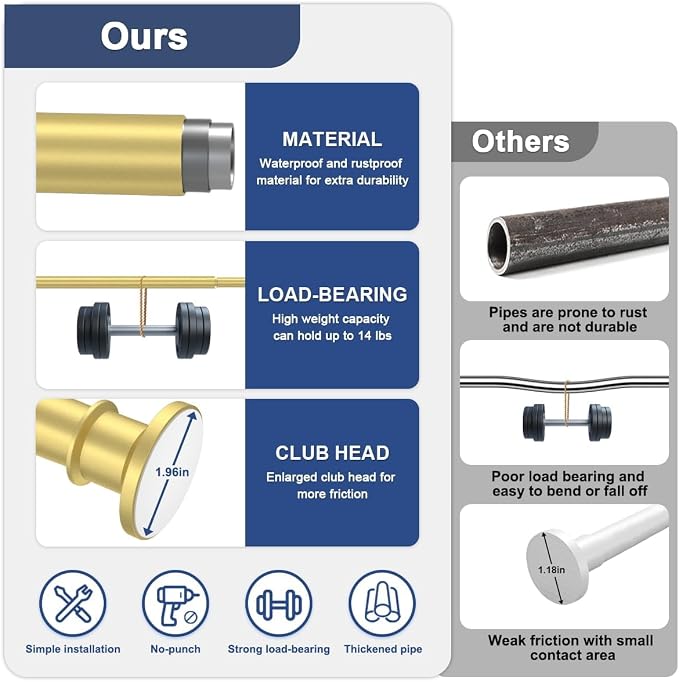 Gold Tension Rod 18-32 Inch, No Drill Spring Rod | Adjustable Stainless Steel Rod, No Drilling Required, Ideal For Closets And Small Windows