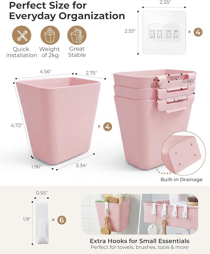 4 Pack Rolling Cart Accessories, Pink Craft Cart Cup Holder and 6 Hooks for Utility Carts, Adhesive Kitchen Cabinet Door Storage, Space-Saving Wall Mount Organizer for Bathroom, Office, Makeup