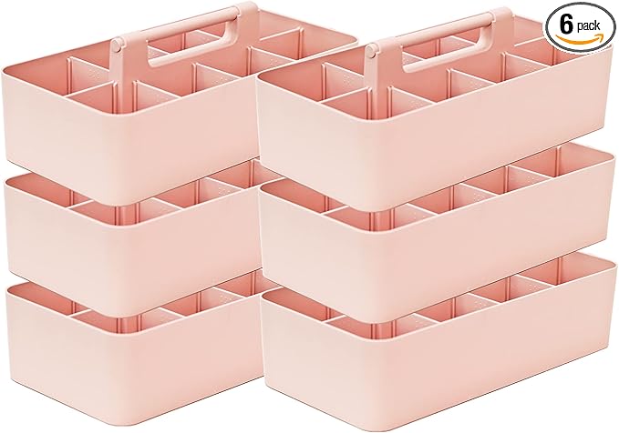 -Large Portable Caddy, DIY Dividers, 8 Compartments, Basket with Handle Storage Organizer Modern Made in USA (6 PACK, Indie Pink)