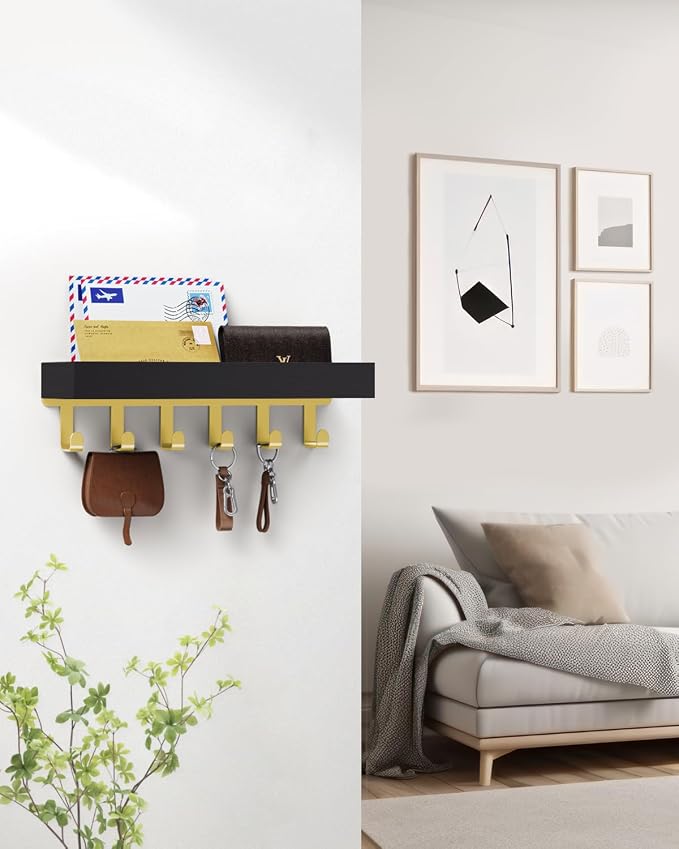 Key Holder Wall Mount Magnetic Adhesive - Key Hooks Rack with shelf | Key Hanger with Mail Organizer for RV Camper Fridge Living Room Decor, Home Essentials, Black Gold