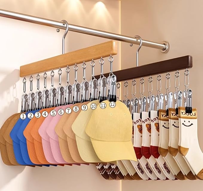 Wooden Closet Organizer Hanger with 12 Clips, Space Saving Hanging Organizer for Hats Scarves Jeans Skirts Socks Pants, 15 Inch, 360° Swivel Hook (2PcsWood Colour)