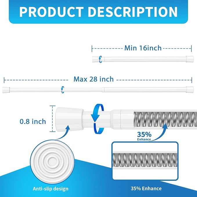 2Pcs Tension Curtain Rods for Windows 16 to 28 inch, Adjustable Pressure Spring Curtain Rods No Drilling Small Tension Rods, White Curtain Rods for Bedroom Doorway Closet Door